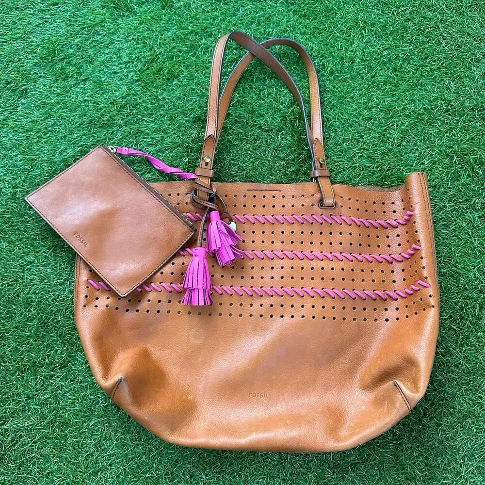 Vintage Fossil Rachel Large Tot Brown Whipstitched Leather Tassels Bag Key Pouch